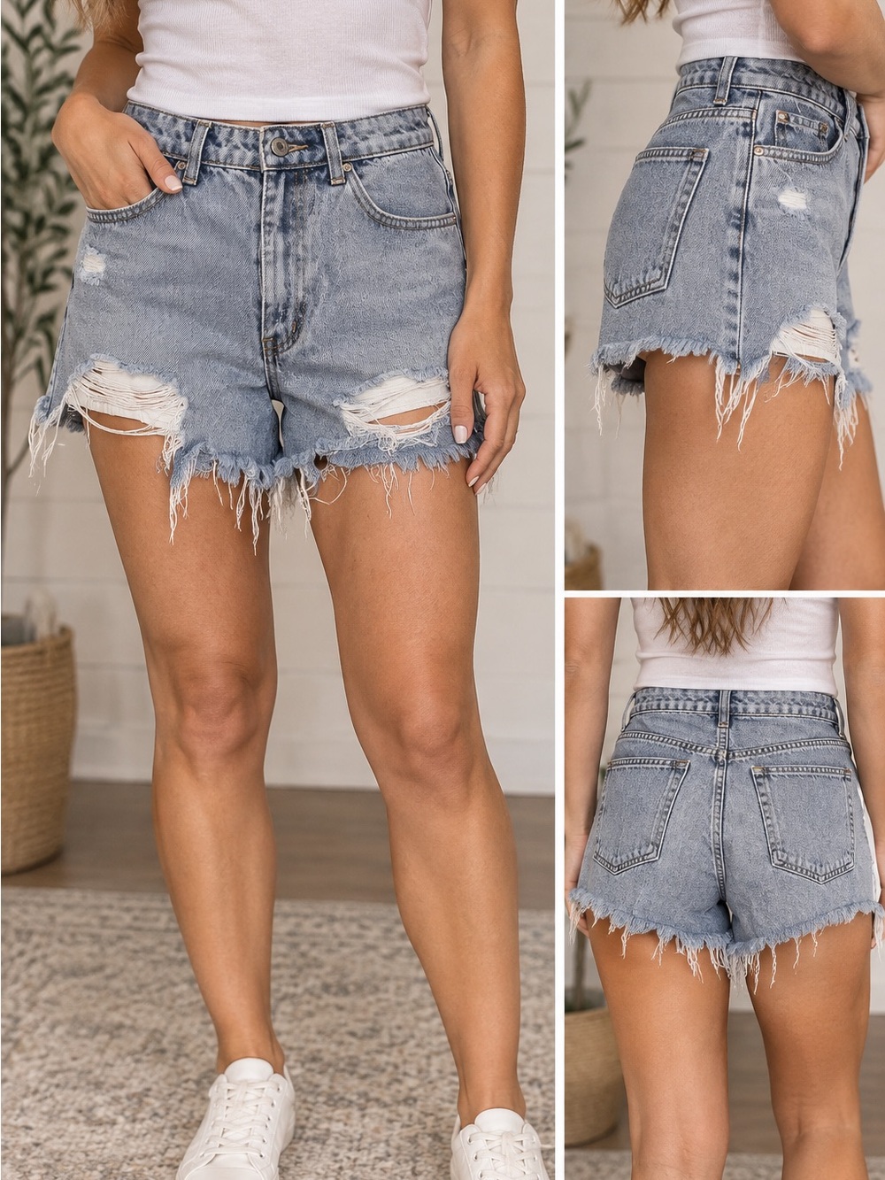 Kancan Distressed High Rise Denim Cutoff Shorts Gray Wash Size L